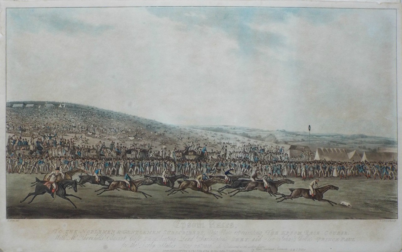 Aquatint - Epsom Races. To the Noblemen & Gentlemen Subscribers, This Plate representing The Epsom Race Course, With Mr. Thornhill's Colt Sam, beating Lord Darlington's Grey, and Sir John Shelly's Prince Paul for the Derby Stakes, May 28th 1818. Is Dedicated with submission - Sutherland